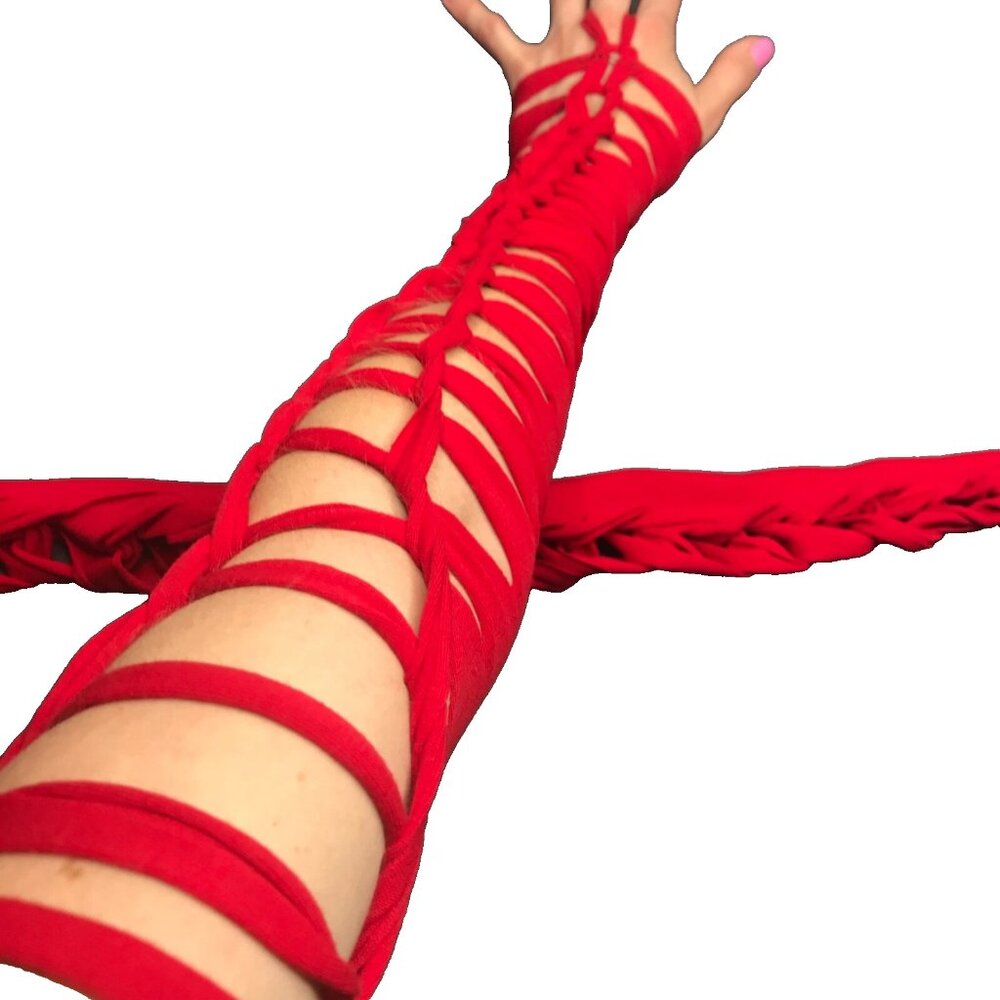 Long Red Arm Warmers Lace Up Gloves Cotton Armwarmers Corset Cut Out Halloween
